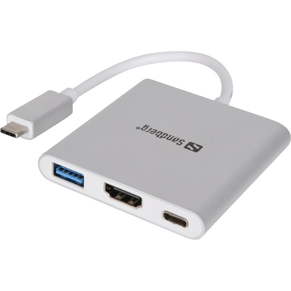 Kábel Átalakító - USB-C Mini Dock HDMI+USB (ezüst; USB-C bemenet; HDMI+USB3.0+USB-C power kimenet)