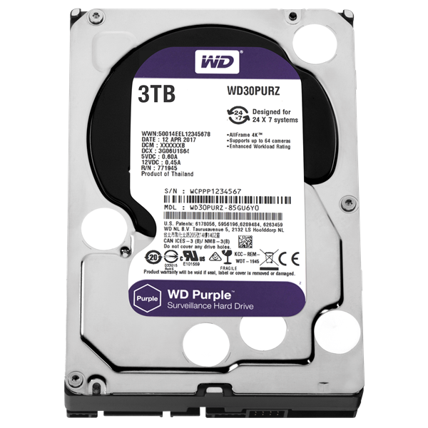 WD30PURZ 3TB 3,5" Desktop 5400rpm, 64 MB puffer, SATA3 - Purple (biztonságtechnikai rögzítőkbe)